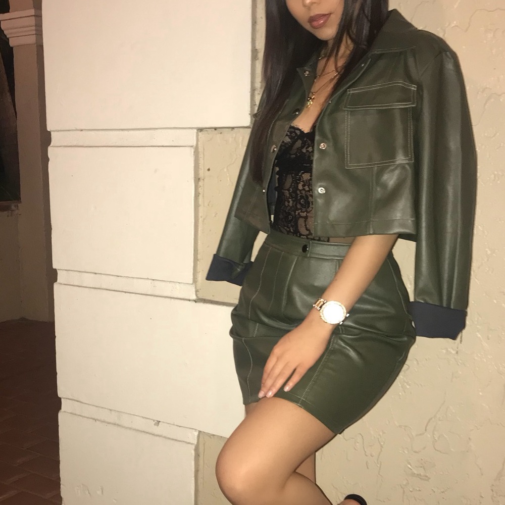 Camo green leather skirt set